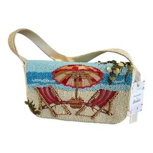 Handcrafted in India Beaded Blue and Orange Beach Scene Bag, Chairs & Umbrellas.